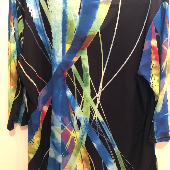 Valentina Top Artsy Rhinestone Colorful Festival Stretch Sz L Mature 3/4 Sleeve - Picture 2 of 9